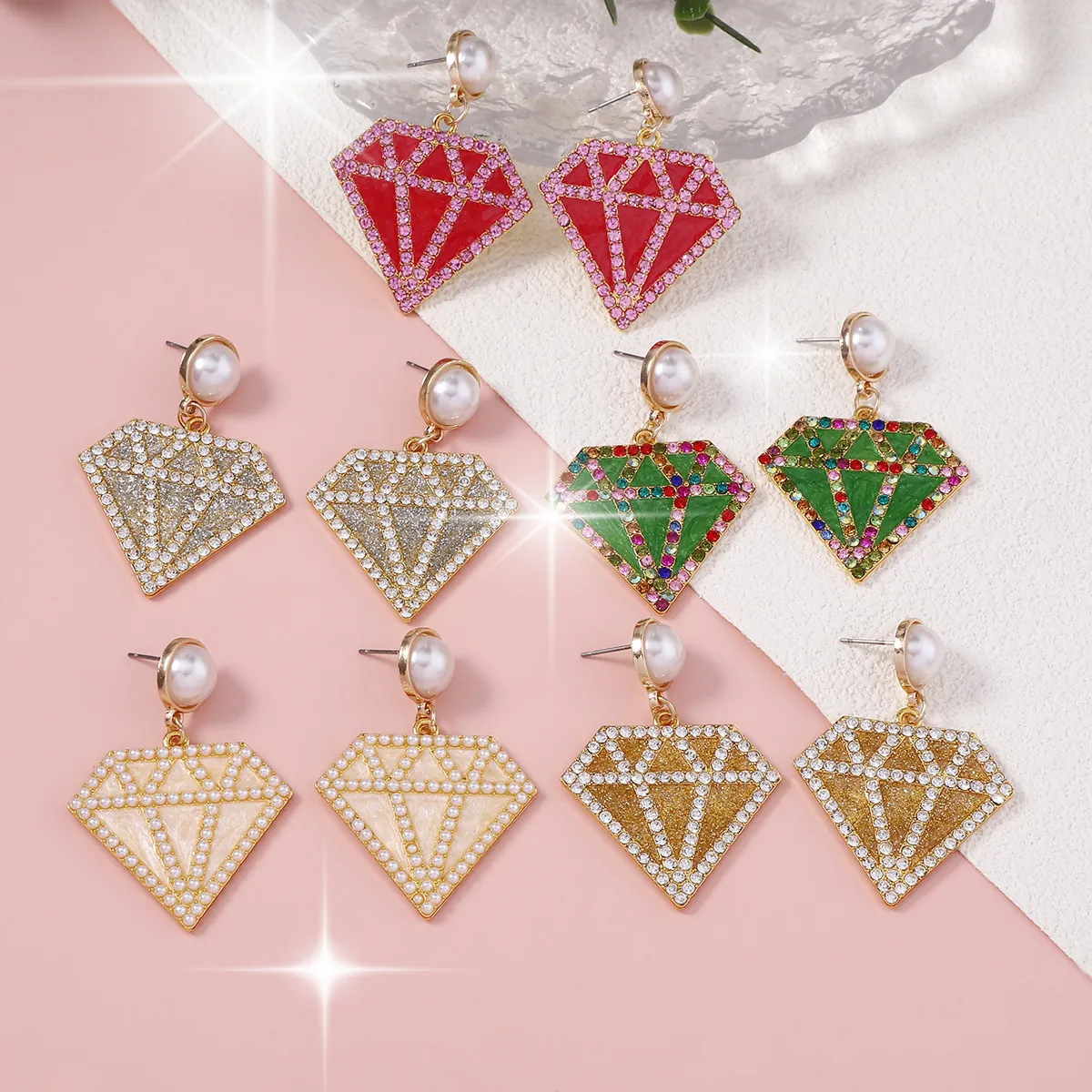 Pendientes Largos Geométricos de Moda Forma de Diamante Con Perla de Imitación Strass Incrustado Aleación de Zinc Joyería Elegante Mujer