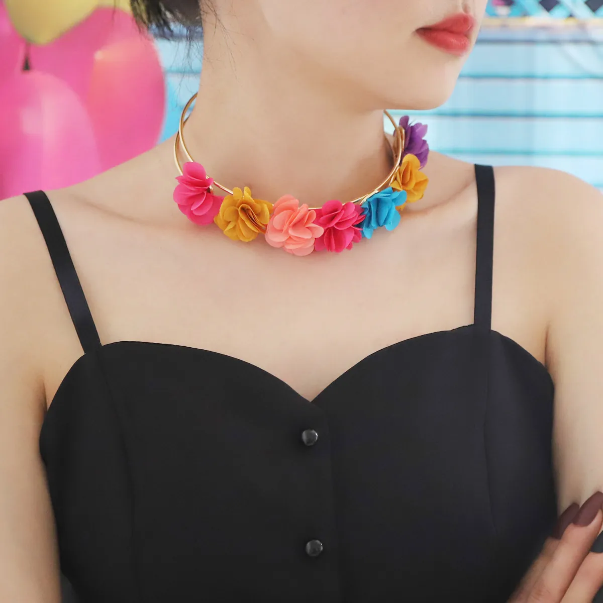 Colorful Fabric Flower Headband Zinc Alloy Double Row U-Shaped Hair Band For Women Sweet Forest Style Party Hair Accessories