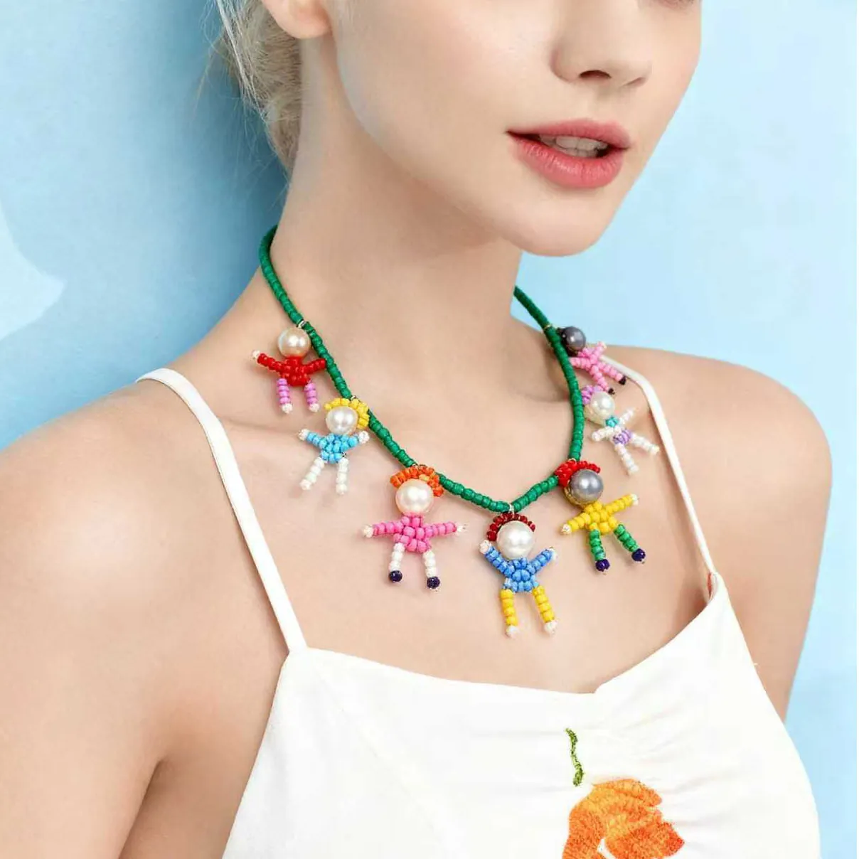 Handmade Beaded Necklace With Faux Artificial Pearl Humanoid Pendant Colorful Plastic Bead Cartoon Chain For Women Jewelry
