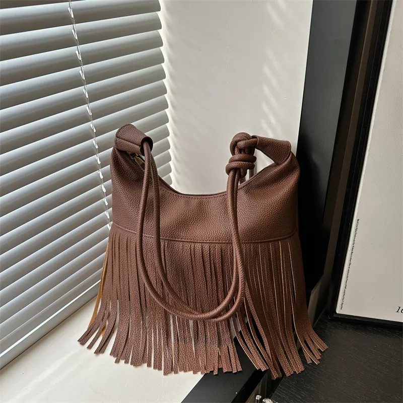 Women's Vintage Fringe Shoulder Bag Litchi Grain PU Leather Knot Strap Hobo Tote Bag Bohemian Tassel Crossbody Bag
