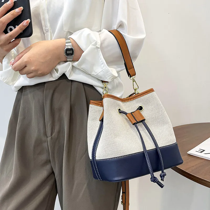 Women Fashion Canvas PU Leather Contrast Color Bucket Bag Adjustable Strap Drawstring Shoulder Crossbody Bag For Lady Daily
