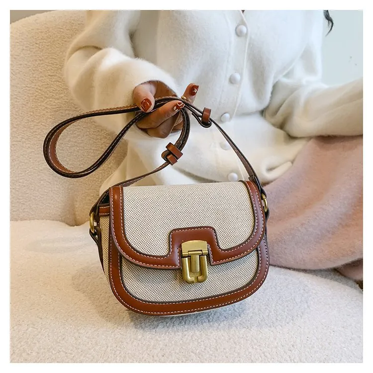 Retro Women Saddle Bag Contrast Color Canvas PU Leather Crossbody Bag Small Minimalist Shoulder Bag Metal Clasp Handbag