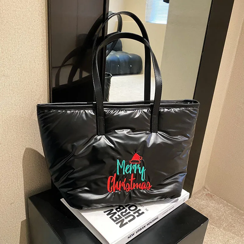 Sac Fourre-tout Rembourré avec Broderie Merry Christmas pour Femmes Nylon Matelassé Grande Capacité Sac à Épaule Hiver
