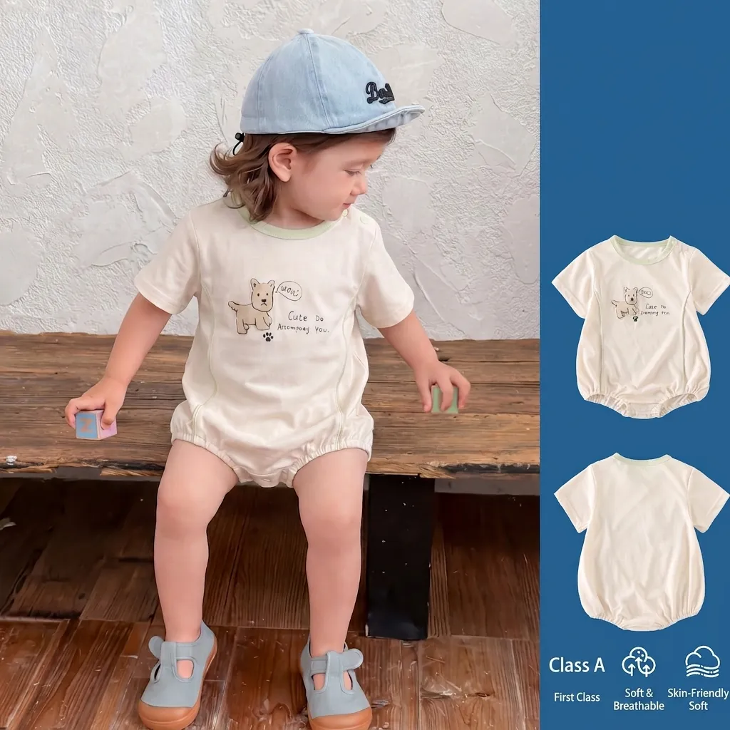 Baby Short Sleeve Romper Cotton Breathable Cartoon Dog Printed Jumpsuit For Newborn Infants Summer Casual Clothes