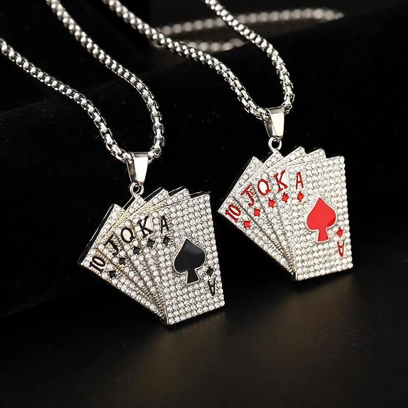 Hip Hop Poker Card Royal Flush Pendant Necklace Stainless Steel Box Chain Rhinestone Enamel Poker Jewelry Men Women