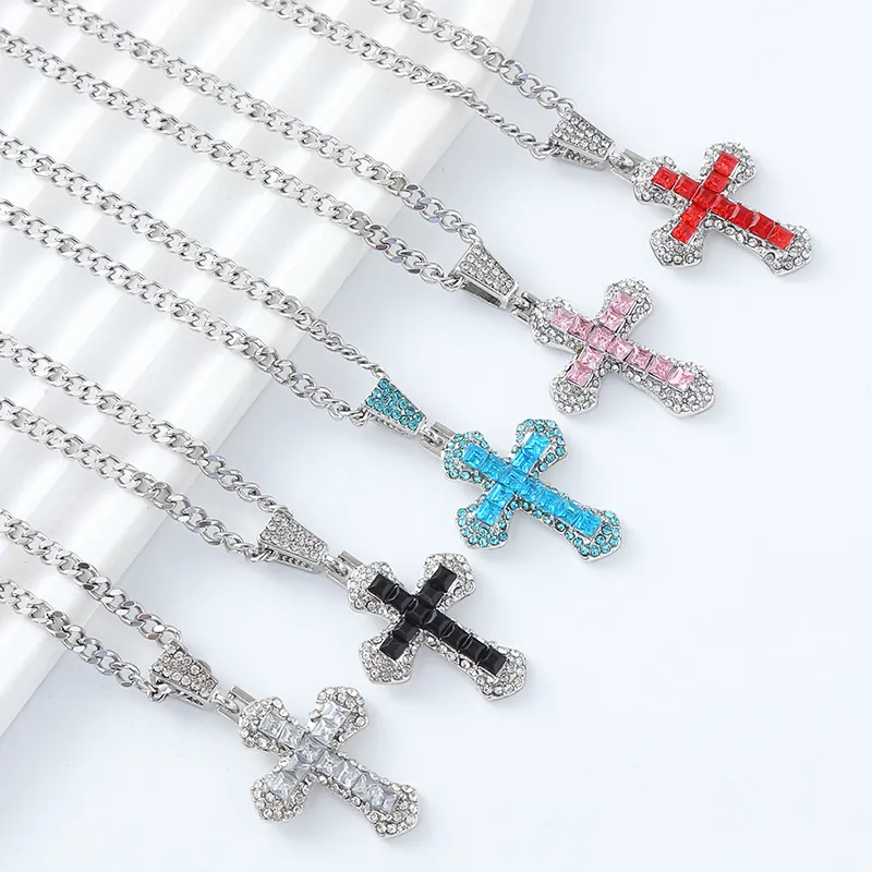 Hip Hop Iced Out Colorful Cross Pendant Necklace Stainless Steel Cuban Chain Zirconia Fashion Streetwear Jewelry For Men Women