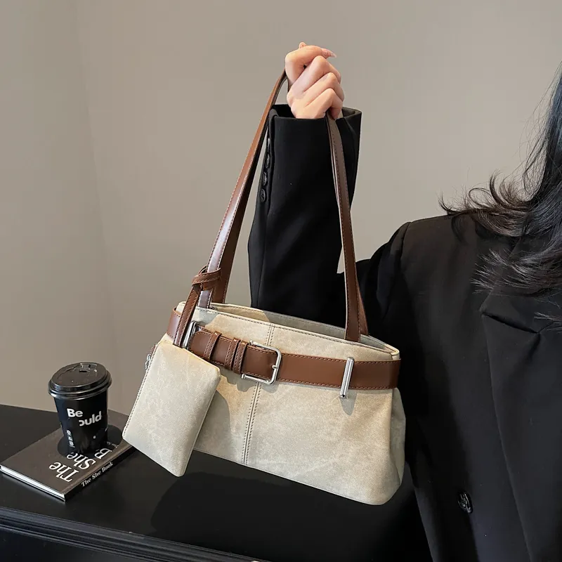 Vrouwen PU Leer Tote Schoudertas En Mini Tas Vintage Riem Gesp Rits Onderarmtas Woon-werkverkeer Dagelijks Mode Handtas