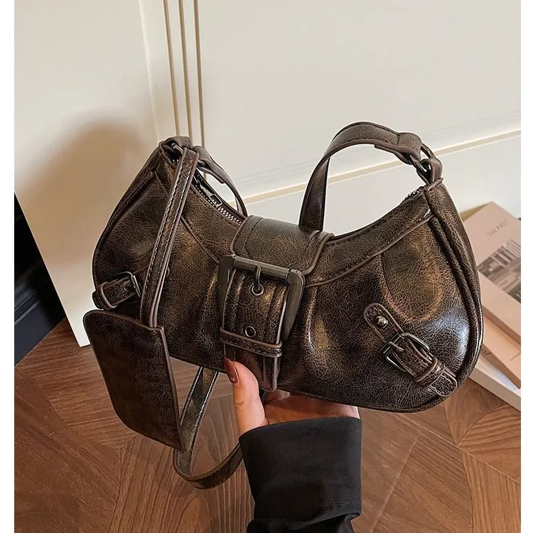 Borsa Sottobraccio a Pieghe Stile Moto Vintage Per Donna Borsa a Tracolla in Pelle PU Crepata Con Mini Pochette Fibbia Grande