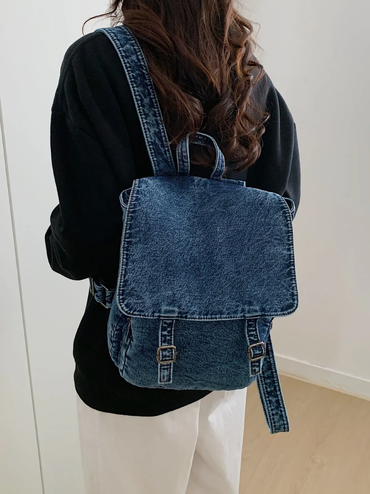 Mochila de Mezclilla Lavada Vintage Gran Capacidad Unisex Bolsa de Viaje Escolar Cordón Tapa Abatible Casual Moda