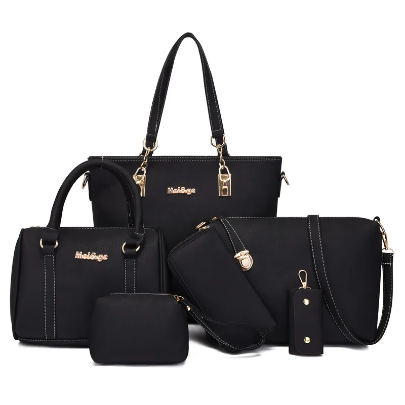 Women PU Leather Large Capacity Tote Bag With Handbag Crossbody Bag Wallet Cosmetic Bag Key Holder Simple Fashion Gold Hardware