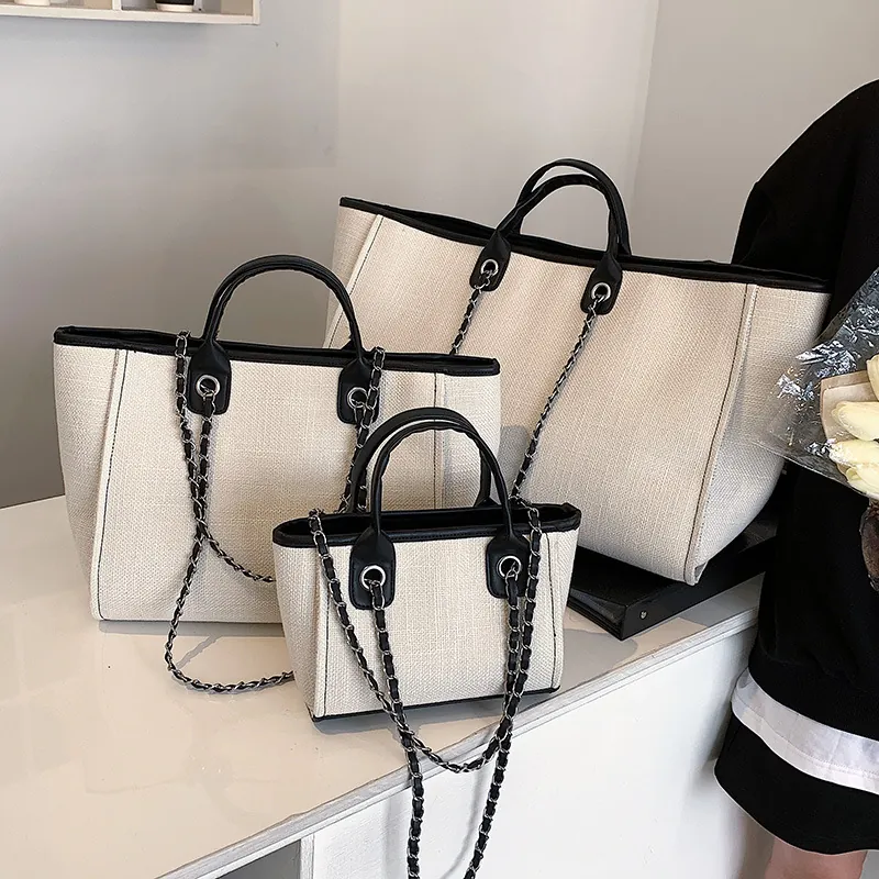 Damen Große Kapazität Segeltuch Tragetasche Kette Schultergurt Kontrast Kunstleder Handtasche Für Den Täglichen Büroalltag Pendeln