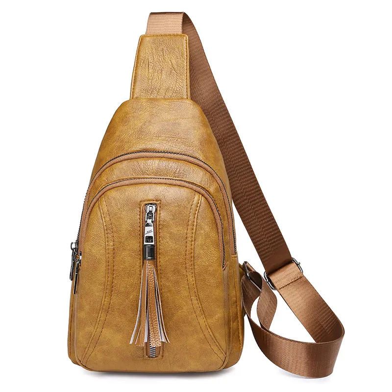 Borsa da Petto Vintage in Pelle PU da Donna Con Nappina Foro per Auricolari Esterno Scomparti Multipli con Cerniera Marsupio Casual