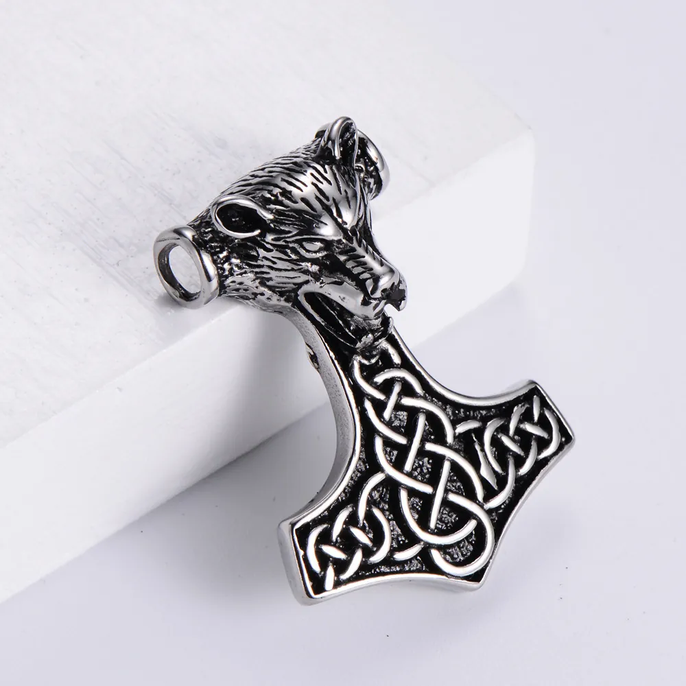 Viking Thor Hammer Pendant Necklace 304 Stainless Steel Wolf Head Celtic Knot Punk Jewelry For Men