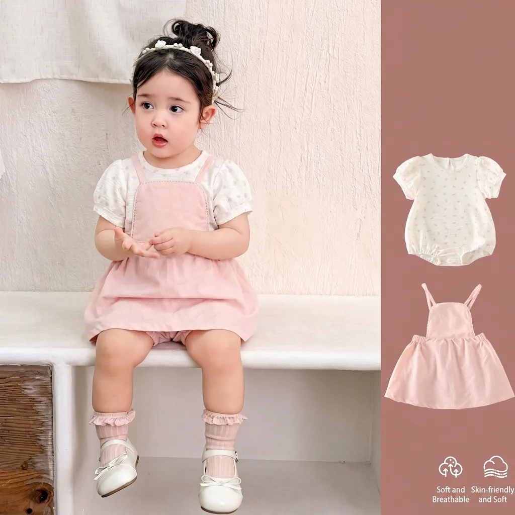 Infant Baby Girl Floral Long Sleeve Romper Pink Suspender Skirt Two Piece Clothing Set Soft Polyester Breathable Outfit