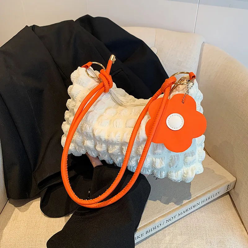 Fashion Bubble Texture Popcorn Fabric Shoulder Bag For Women Sweet Underarm Bag With Flower Pendant Casual Solid Color Handbag