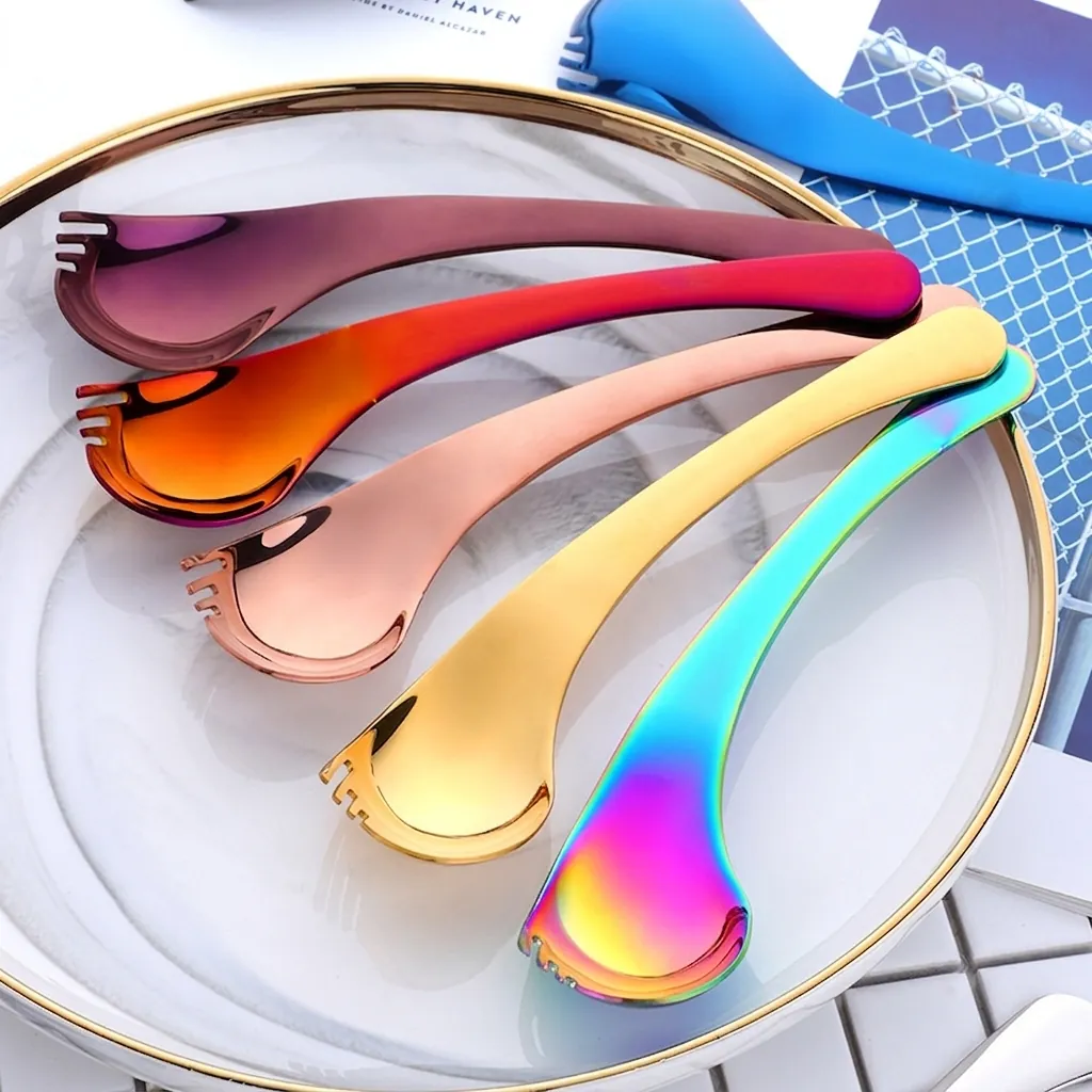 304 Stainless Steel Spork Creative Curved Handle Spoon Fork Mirror Polished Integrated Tableware For Home Hotel Dessert Soup