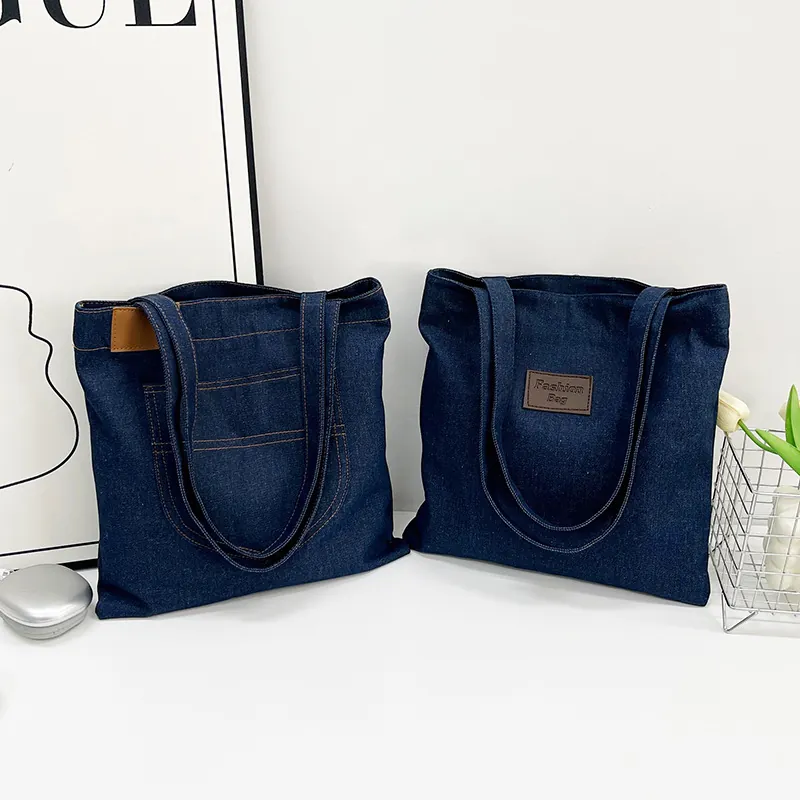 Women Fashion Denim Tote Bag Large Capacity Urban Minimalist Shoulder Bag Deep Blue Casual Daily Underarm Shopping Bag
