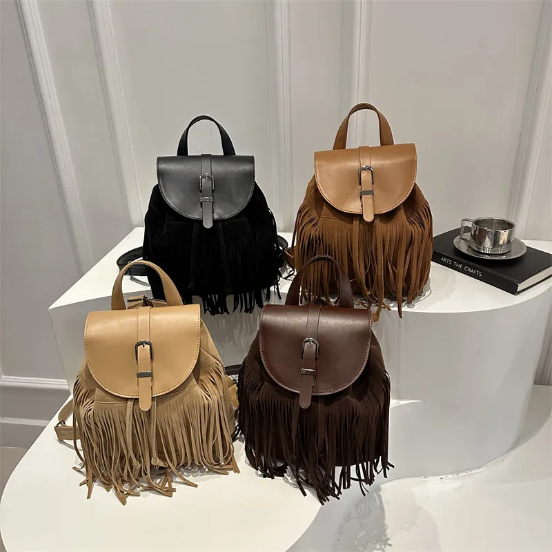 Women Vintage Fringe Bucket Backpack Faux Leather Suede Tassel Shoulder Bag Large Capacity Bohemian Travel Daypack