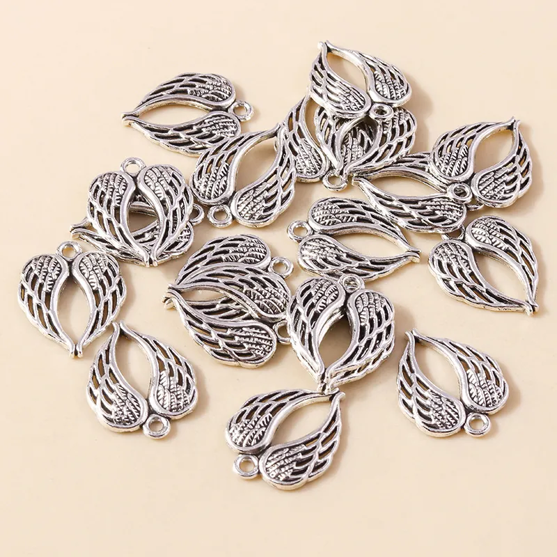 Vintage Pendentifs Coeur Ailes d'Ange en Alliage Argent Antique Texture de Plume Creux DIY Fabrication de Bijoux Accessoires