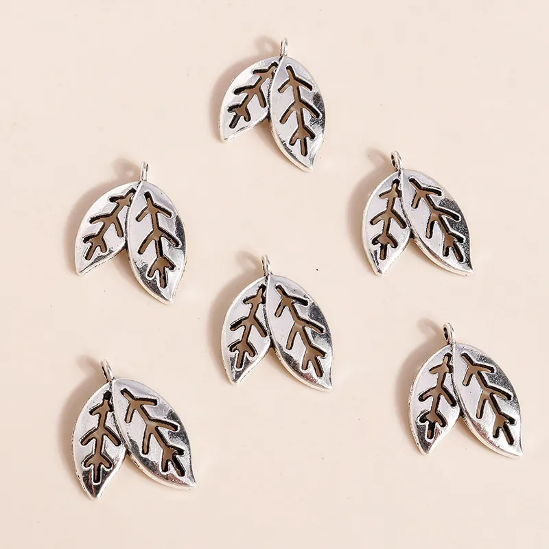 Vintage Antique Silver Plated Alloy Hollow Double Leaf Charms For DIY Jewelry Making Pendants Necklace Accessory