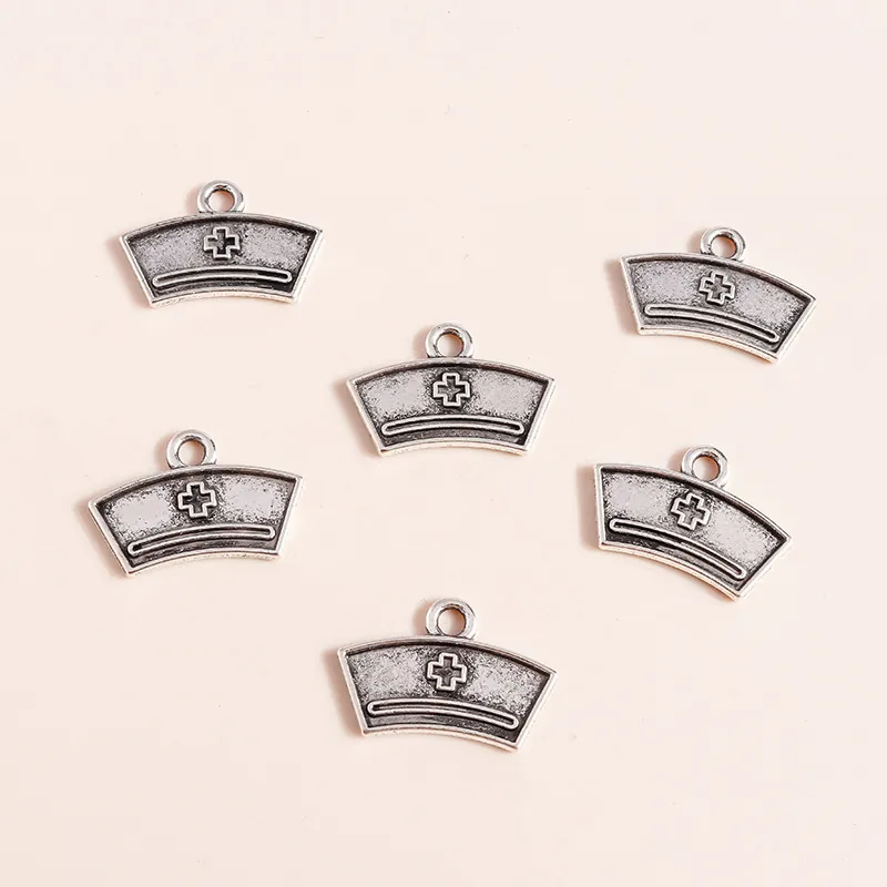 Vintage Alloy Electroplated Nurse Hat Pendant With Cross Symbol Antique Silver DIY Jewelry Accessories Craft Hanging Charms