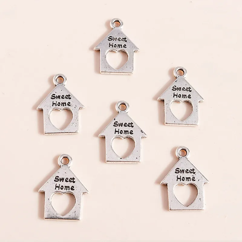 Alloy Hollow House Shape Pendant Sweet Home Engraved Heart Charms For DIY Jewelry Making Accessories Silver Plated Charms