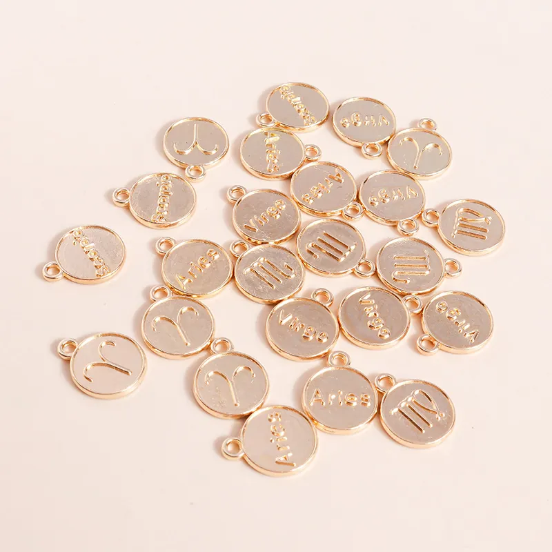 Alloy 12 Constellation Zodiac Sign Round Disc Pendant Only Embossed Gold Plated Charm For DIY Jewelry Making Necklaces Findings
