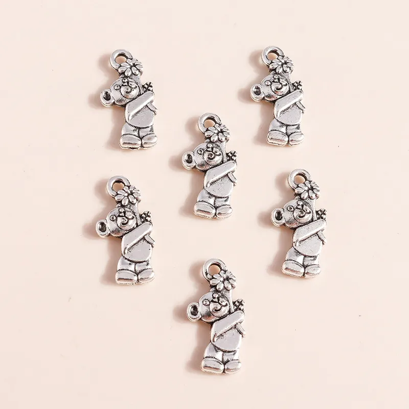 Antique Silver Electroplated Alloy Cartoon Bear Pendant With Flower For DIY Jewelry Making Accessories Crafting Charm
