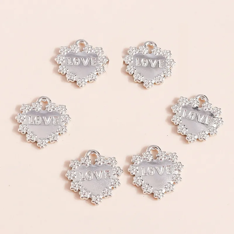Alloy Heart Pendant Only (Without Chain) Love Engraved Floral Border Silver Charms For DIY Jewelry Making Findings