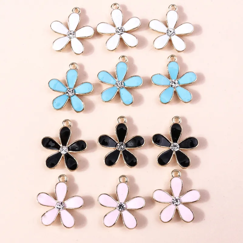 Enamel Cherry Blossom Flower Charms Zinc Alloy Rhinestone Pendants For DIY Jewelry Making Necklaces Bracelets Hair Accessories