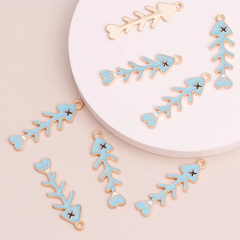 Cute Alloy Enamel Fishbone Pendants For DIY Jewelry Making Sky Blue Fish Bone Charms Necklace Phone Case Decor Accessories