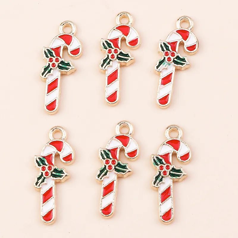 Alloy Christmas Candy Cane Charms With Holly Leaves Drip Oil Enamel Pendants For DIY Jewelry Making Bracelet Findings