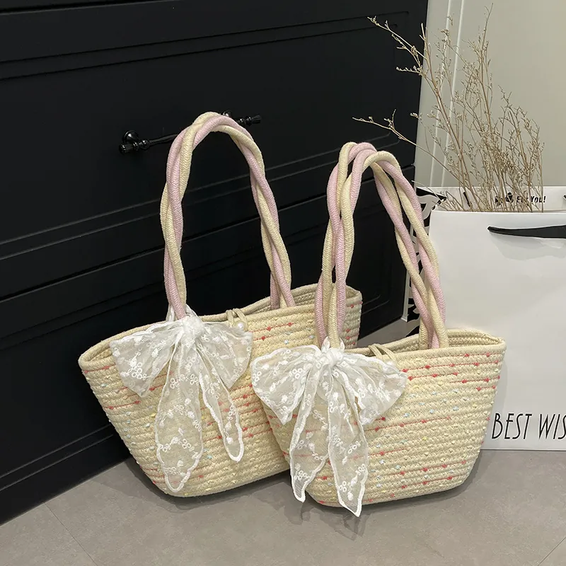 Bolso de Mano de Paja Tejida para Mujer Dulce Lazo de Encaje Decoración de Perlas Bloque de Color Playa Verano Bolso de Cubo