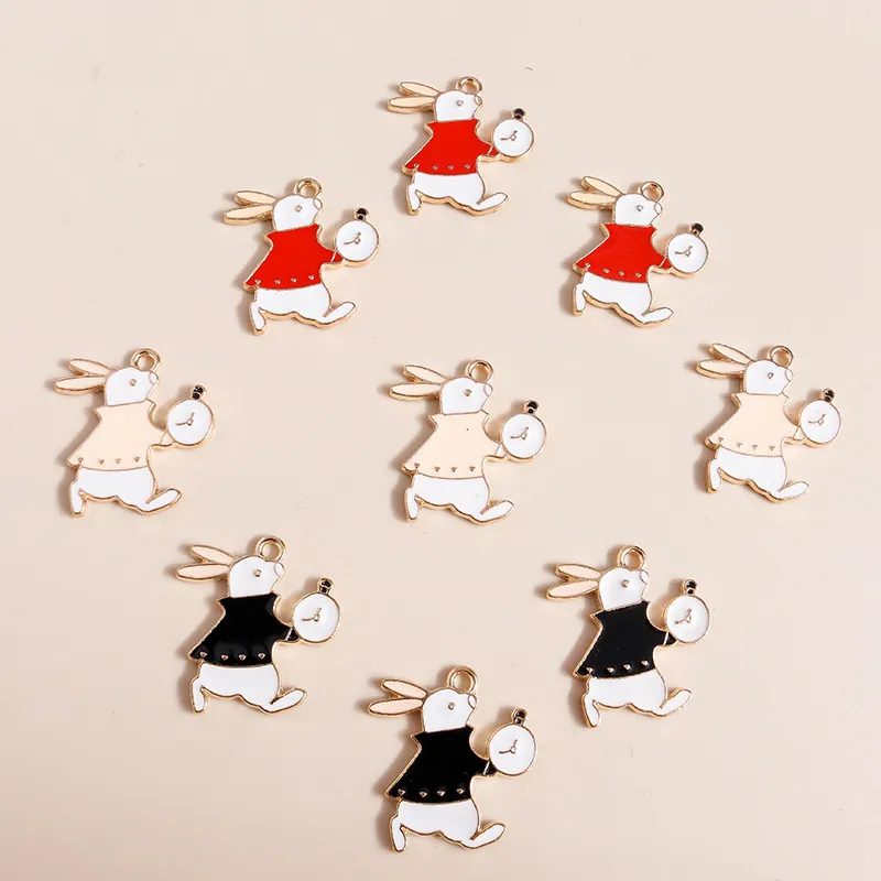 Cartoon Rabbit Clock Enamel Charms Zinc Alloy Animal Drip Oil Pendants For DIY Jewelry Making Keychain Necklace Accessories