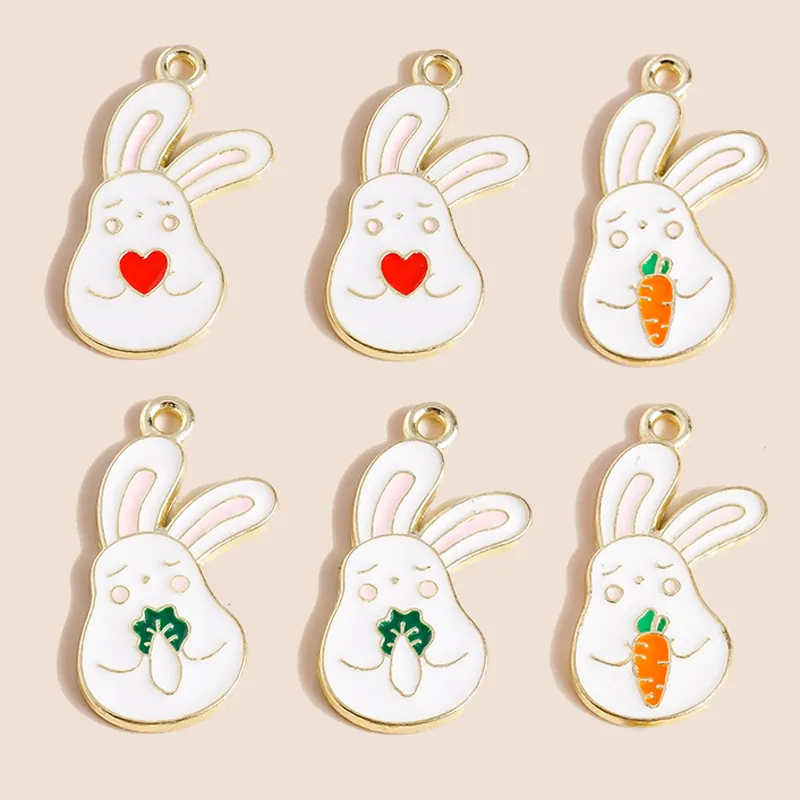 Cartoon Rabbit Alloy Enamel Charms For Jewelry Making DIY Cute Bunny White Gold Drip Oil Pendants For Necklace Bracelet Heart Carrot Vegetable Accessories