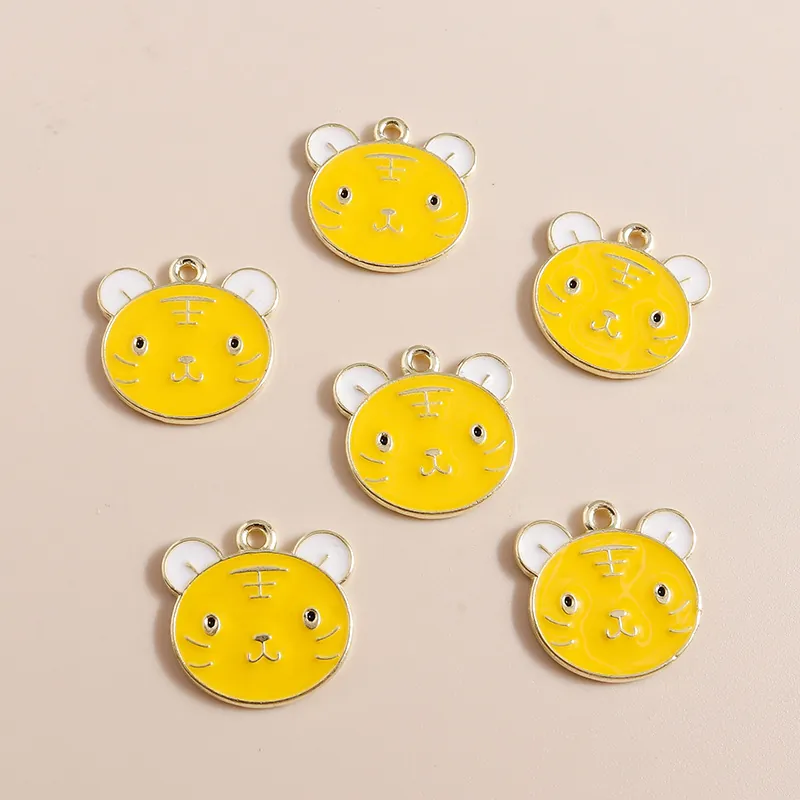Cartoon Enamel Tiger Head Alloy Charm Pendants For DIY Jewelry Making Bracelet Necklace Accessories Yellow White Animal Charms