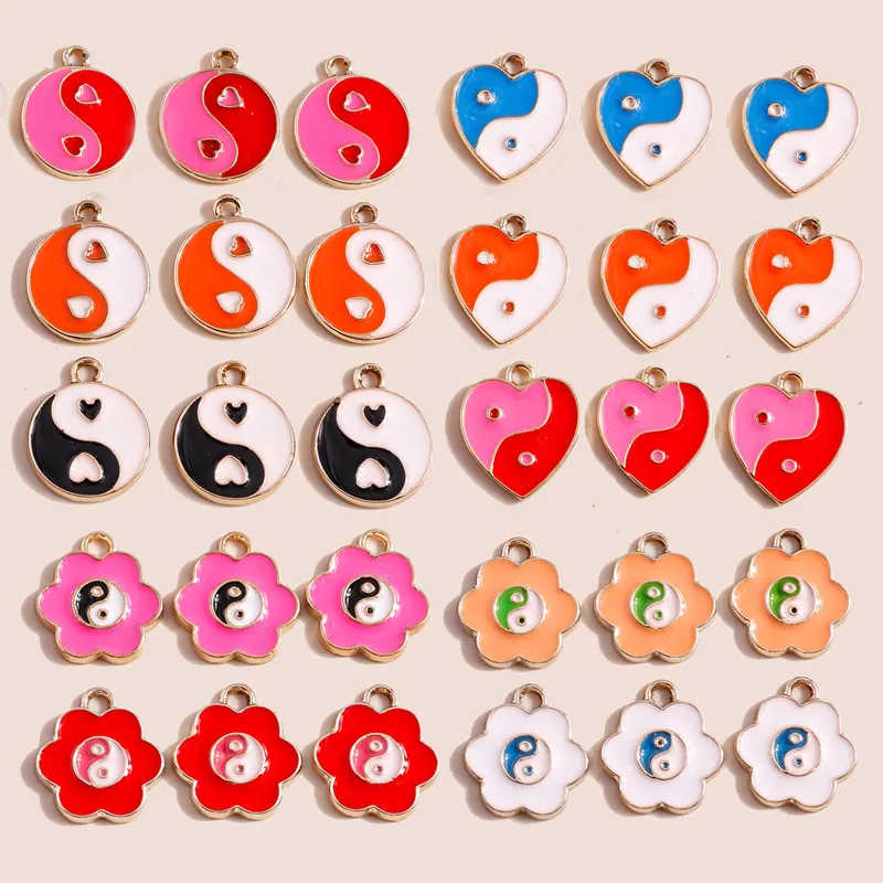Alloy Enamel Yin Yang Tai Chi Heart Flower Pendants DIY Jewelry Making Findings Chinese Style Heart Yin Yang Charms