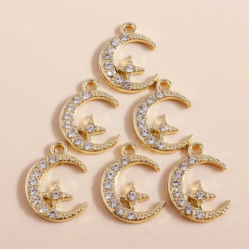 Legierung Strass Stern Mond Anhänger Vergoldet Sichelmond Und Vier Zackiger Stern Charms Für DIY Schmuckherstellung Zubehör