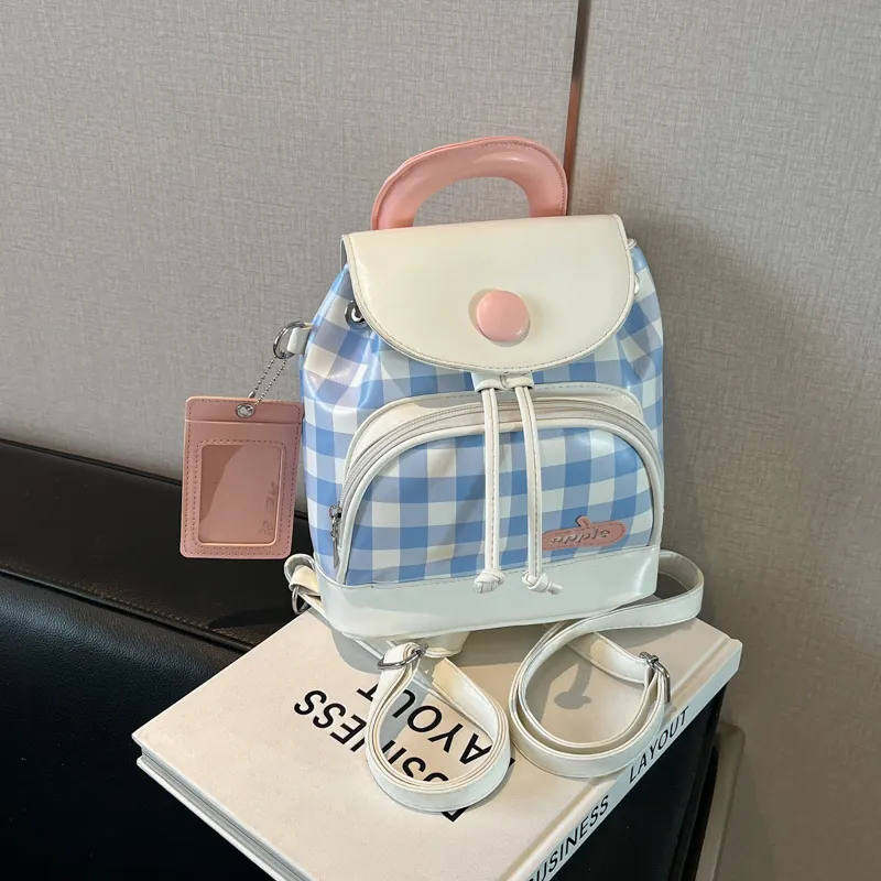 Women Mini Gingham Backpack PU Leather Patchwork Contrast Color Preppy Style Small Rucksack With ID Card Holder