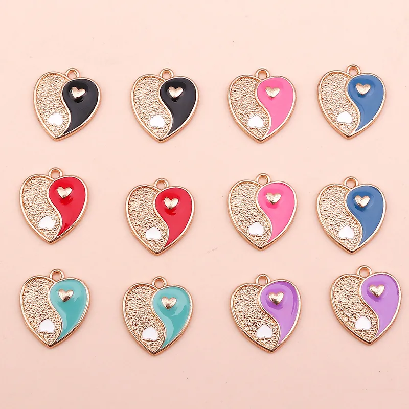 Chinese Style Tai Chi Bagua Heart Shaped Pendants Zinc Alloy Drip Oil Yin Yang Charms For DIY Jewelry Making Keychain Phone Accessory