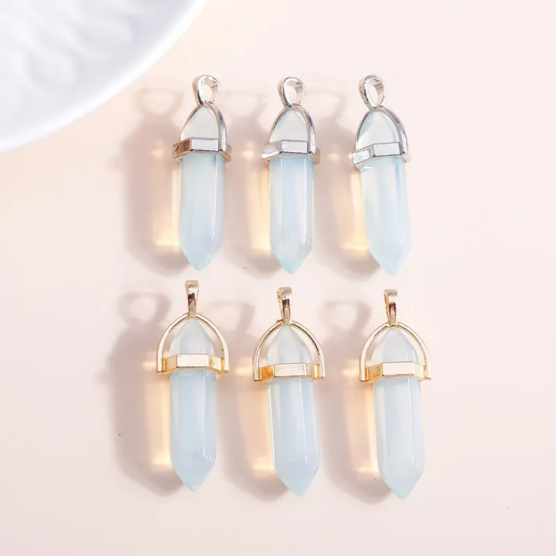 Hexagonal Point Synthetic Opal Pendant Gold Silver Plated Alloy Double Pointed Bullet Crystal Pendant For DIY Jewelry Making