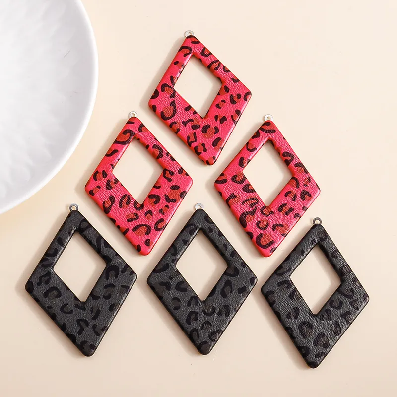 DIY Leopard Print PU Leather Rhombus Pendants For Jewelry Making Alloy Loop Geometric Animal Pattern Charms Earring Accessories