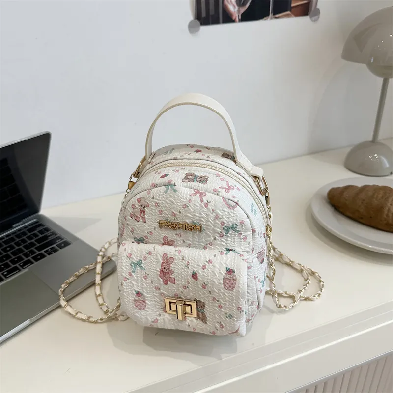 Cute Women Mini Backpack Cartoon Bear Rabbit Print Textured PU Leather Crossbody Bag Gold Chain Strap Twist Lock Handbag