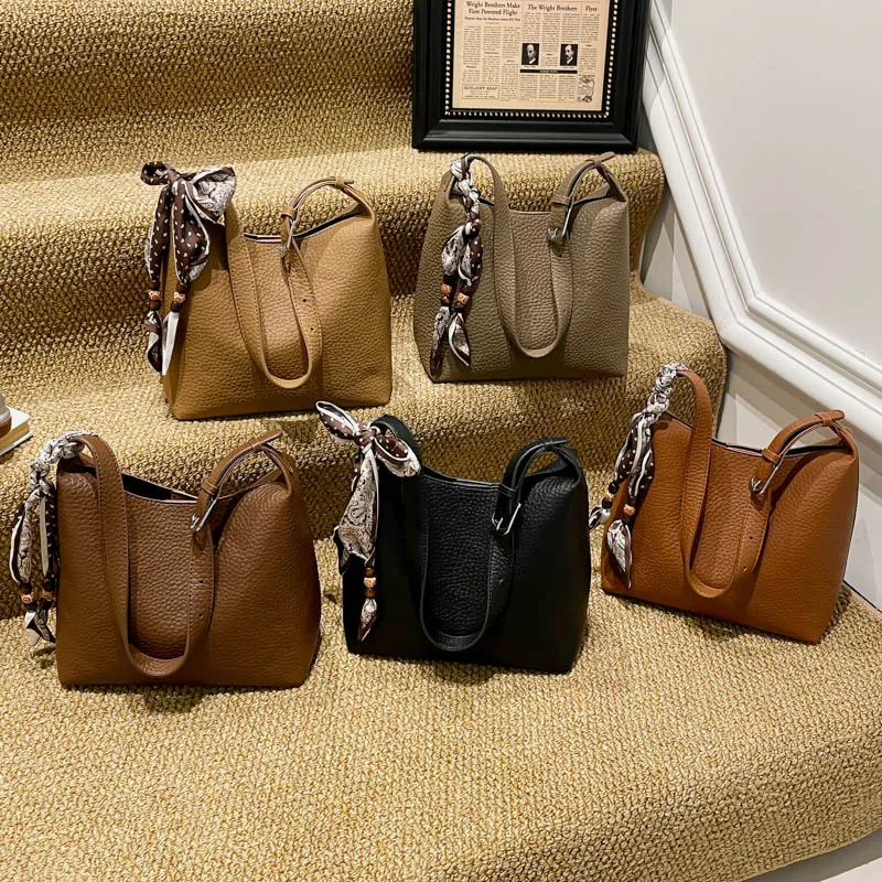 Women PU Leather Litchi Pattern Tote Bag With Satin Scarf And Beads Urban Minimalist Shoulder Crossbody Bag With Inner Pouch