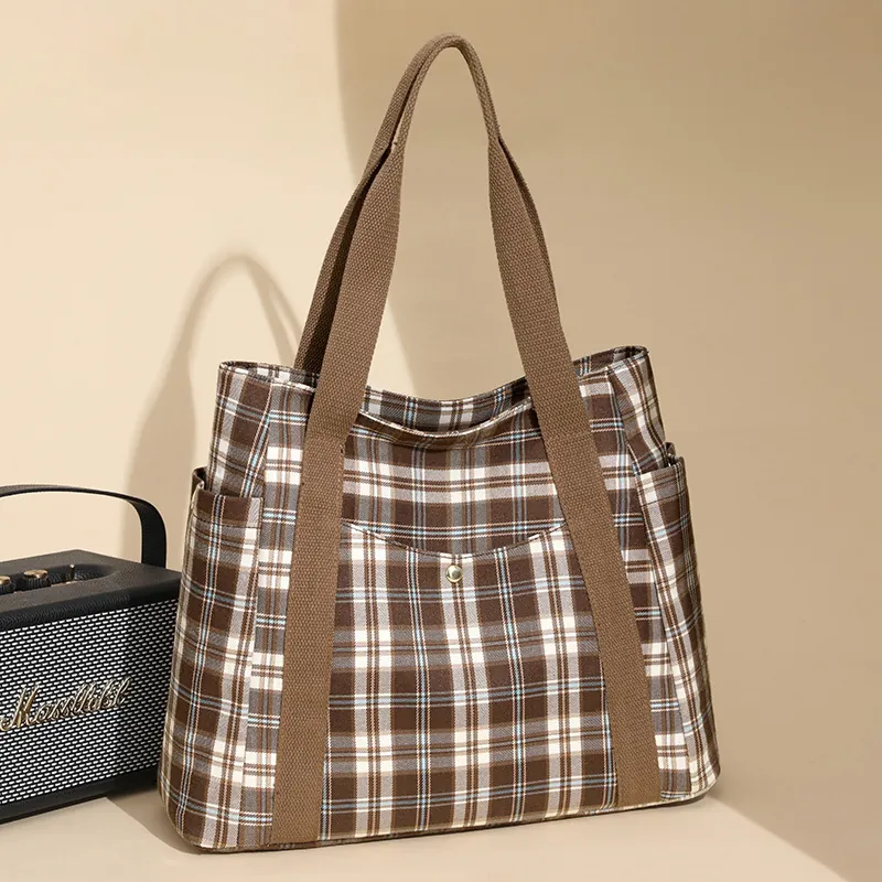 Women Plaid Canvas Tote Bag Large Capacity Gingham Shoulder Bag For University Student Commuting School Brown Handbag