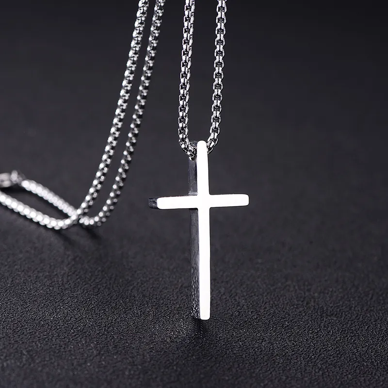 Minimalist Stainless Steel Cross Pendant Necklace For Men Women Punk Hip Hop Jewelry With O-Chain Box Chain Steel Black