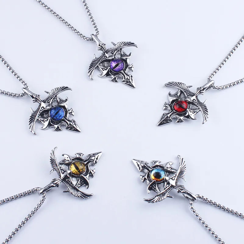 Gothic Retro Alloy Evil Eye Eagle Wing Pendant Necklace For Men Hip Hop Stainless Steel Chain Fantasy Jewelry Accessories