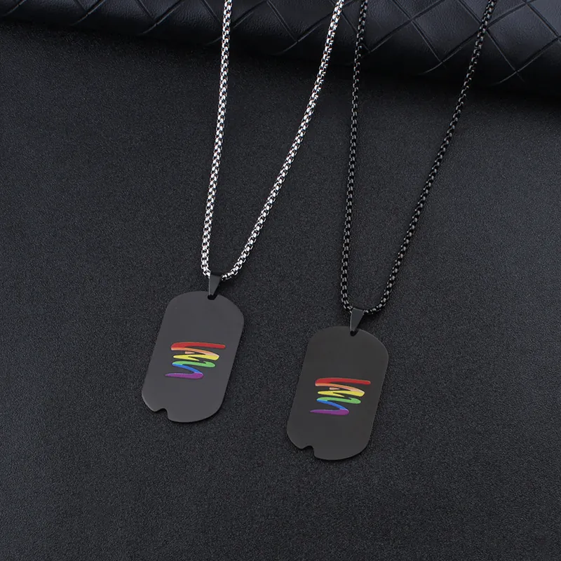 Edelstahl Regenbogen Dog Tag Anhänger Halskette Herren Damen Matt Schwarz Geometrischer Pride Schmuck Geschenk Lange Boxkette Kugelkette