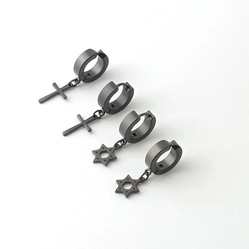 Stainless Steel Cross Hexagram Dangle Hoop Earrings For Men Women Punk Gothic Black Silver Ear Cuff No Piercing Jewelry Gift