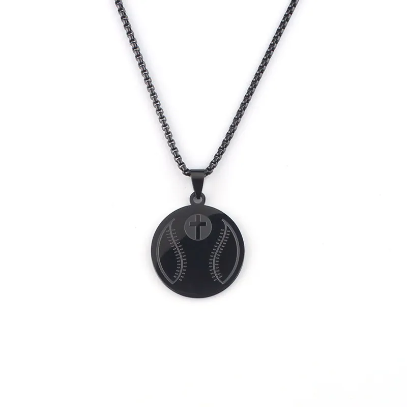 Collier Pendentif Croix de Sport en Acier Inoxydable pour Hommes Rond Basketball Baseball Football Volleyball Bijoux
